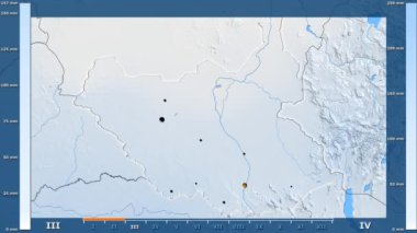 Animasyonlu gösterge - parlayan şekli, idari sınırları, ana şehirler, sermaye ile Güney Sudan bölgede yağış aya göre. Sterografik projeksiyon