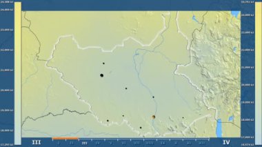 Animasyonlu efsanesi - parlayan şekli, idari sınırları, ana şehirler, sermaye ile Güney Sudan alanında güneş radyasyonu aya göre. Sterografik projeksiyon
