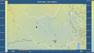 Aya göre güneş radyasyonu ile animasyonlu gösterge - İngilizce etiketleri Güney Sudan alanında: ülke ve sermaye adları, açıklama göster. Sterografik projeksiyon