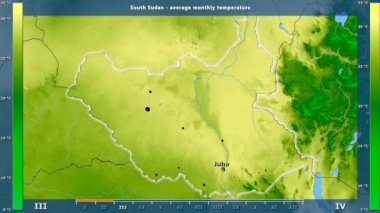 Ortalama sıcaklık ay tarafından animasyonlu efsanesi - İngilizce etiketleri ile Güney Sudan alanında: ülke ve sermaye adları, açıklama göster. Sterografik projeksiyon
