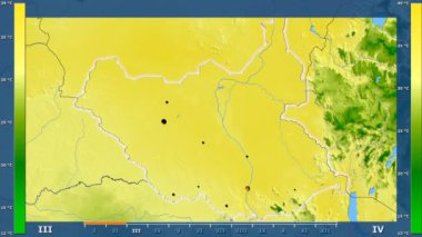 Güney Sudan alanda animasyonlu gösterge - parlayan şekli, idari sınırları, ana şehirler, sermaye ile maksimum sıcaklık aya göre. Sterografik projeksiyon
