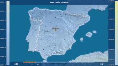 Aya göre güneş radyasyonu animasyonlu efsanesi - İngilizce etiketleri ile İspanya alanında: ülke ve sermaye adları, açıklama göster. Sterografik projeksiyon