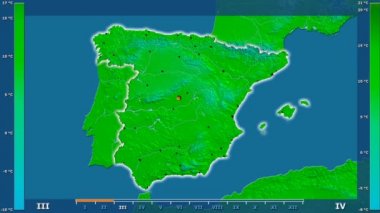 Animasyonlu efsanesi - parlayan şekli, idari sınırları, ana şehirler, sermaye ile İspanya alanında ortalama sıcaklık aya göre. Sterografik projeksiyon