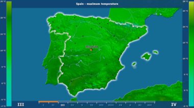 Aya göre maksimum sıcaklık animasyonlu efsanesi - İngilizce etiketleri ile İspanya alanında: ülke ve sermaye adları, açıklama göster. Sterografik projeksiyon