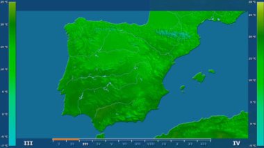 Animasyonlu efsanesi - ham renk shader ile İspanya alanında maksimum sıcaklık aya göre. Sterografik projeksiyon