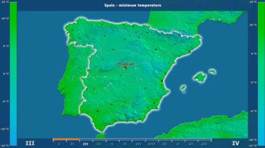 İspanya alanda animasyonlu gösterge - İngilizce etiketleri ile aya göre minimum sıcaklığı: ülke ve sermaye adları, açıklama göster. Sterografik projeksiyon