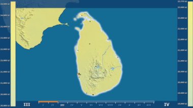 Animasyonlu efsanesi - parlayan şekli, idari sınırları, ana şehirler, sermaye ile Sri Lanka alanında güneş radyasyonu aya göre. Sterografik projeksiyon