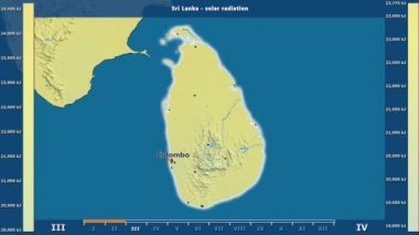 Aya göre güneş radyasyonu ile animasyonlu gösterge - İngilizce etiketleri Sri Lanka alanında: ülke ve sermaye adları, açıklama göster. Sterografik projeksiyon