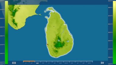 Animasyonlu efsanesi - parlayan şekli, idari sınırları, ana şehirler, sermaye ile Sri Lanka alanında ortalama sıcaklık aya göre. Sterografik projeksiyon