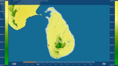 Sri Lanka alanda animasyonlu gösterge - parlayan şekli, idari sınırları, ana şehirler, sermaye ile maksimum sıcaklık aya göre. Sterografik projeksiyon