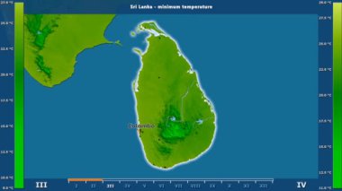 Sri Lanka alanda animasyonlu gösterge - İngilizce etiketleri ile aya göre minimum sıcaklığı: ülke ve sermaye adları, açıklama göster. Sterografik projeksiyon