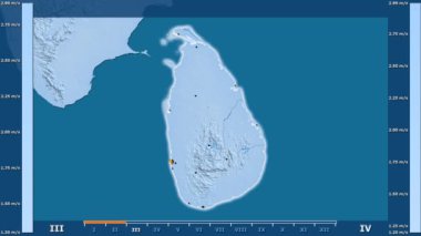 Hız Sri Lanka alanda animasyonlu gösterge - parlayan şekli, idari sınırları, ana şehirler, sermaye ile aya göre rüzgar. Sterografik projeksiyon