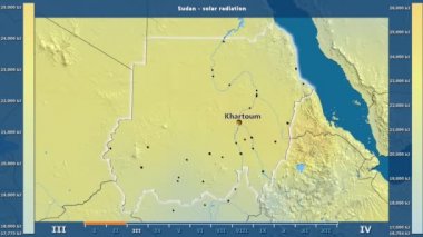 Aya göre güneş radyasyonu animasyonlu efsanesi - İngilizce etiketleri ile Sudan alanında: ülke ve sermaye adları, açıklama göster. Sterografik projeksiyon