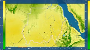 Animasyonlu efsanesi - parlayan şekli, idari sınırları, ana şehirler, sermaye ile Sudan alanında maksimum sıcaklık aya göre. Sterografik projeksiyon