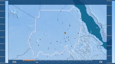 Hız aya göre Sudan alanda animasyonlu gösterge - parlayan şekli, idari sınırları, ana şehirler, sermaye ile rüzgar. Sterografik projeksiyon
