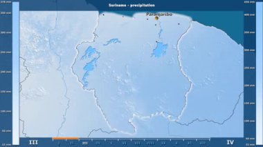 Surinam alanı animasyonlu gösterge - İngilizce etiketleri ile aya göre Yağış: ülke ve sermaye adları, açıklama göster. Sterografik projeksiyon