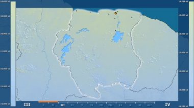 Surinam alanda animasyonlu gösterge - parlayan şekli, idari sınırları, ana şehirler, sermaye ile güneş radyasyonu aya göre. Sterografik projeksiyon