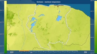 Surinam alanda animasyonlu gösterge - İngilizce etiketleri ile aya göre maksimum sıcaklık: ülke ve sermaye adları, açıklama göster. Sterografik projeksiyon