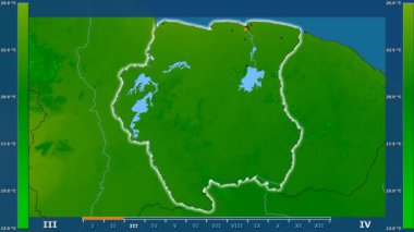 Animasyonlu efsanesi - parlayan şekli, idari sınırları, ana şehirler, sermaye ile Surinam alanında minimum sıcaklığı aya göre. Sterografik projeksiyon