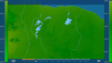 Animasyonlu efsanesi - ham renk shader ile Surinam alanında minimum sıcaklığı aya göre. Sterografik projeksiyon