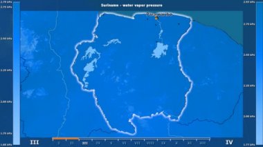 Surinam alanda animasyonlu gösterge - İngilizce etiketleri ile aya göre su buhar basıncı: ülke ve sermaye adları, açıklama göster. Sterografik projeksiyon