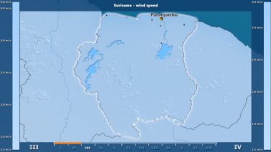 Rüzgar hızı aya göre animasyonlu gösterge - İngilizce etiketleri Surinam bölge: ülke ve sermaye adları, açıklama göster. Sterografik projeksiyon
