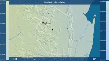 Aya göre güneş radyasyonu animasyonlu gösterge - İngilizce etiketleri Svaziland bölge: ülke ve sermaye adları, açıklama göster. Sterografik projeksiyon