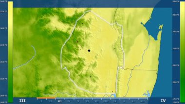 Svaziland alanda animasyonlu gösterge - parlayan şekli, idari sınırları, ana şehirler, sermaye ile maksimum sıcaklık aya göre. Sterografik projeksiyon
