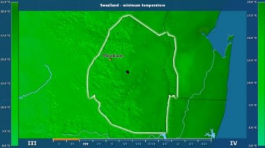 Svaziland alanda animasyonlu gösterge - İngilizce etiketleri ile aya göre minimum sıcaklığı: ülke ve sermaye adları, açıklama göster. Sterografik projeksiyon
