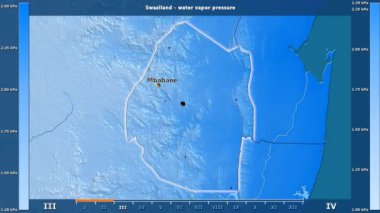 Svaziland alanda animasyonlu gösterge - İngilizce etiketleri ile aya göre su buhar basıncı: ülke ve sermaye adları, açıklama göster. Sterografik projeksiyon