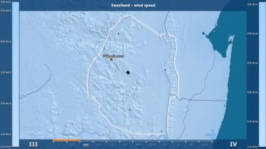 Rüzgar hızı aya göre animasyonlu gösterge - İngilizce etiketleri Svaziland bölge: ülke ve sermaye adları, açıklama göster. Sterografik projeksiyon