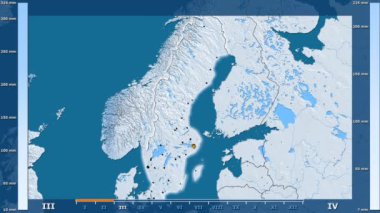 Animasyonlu gösterge - parlayan şekli, idari sınırları, ana şehirler, sermaye ile İsveç bölgede yağış aya göre. Sterografik projeksiyon