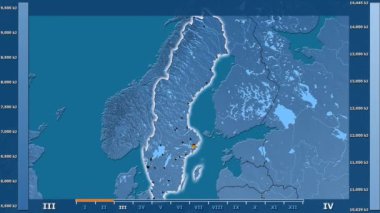 Animasyonlu efsanesi - parlayan şekli, idari sınırları, ana şehirler, sermaye ile İsveç alanında güneş radyasyonu aya göre. Sterografik projeksiyon