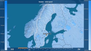 Rüzgar hızı aya göre animasyonlu efsanesi - İngilizce etiketleri ile İsveç alanında: ülke ve sermaye adları, açıklama göster. Sterografik projeksiyon