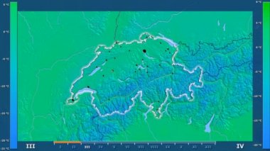 Animasyonlu efsanesi - parlayan şekli, idari sınırları, ana şehirler, sermaye ile İsviçre alanında minimum sıcaklığı aya göre. Sterografik projeksiyon