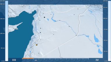 Animasyonlu gösterge - parlayan şekli, idari sınırları, ana şehirler, sermaye ile Suriye bölgede yağış aya göre. Sterografik projeksiyon