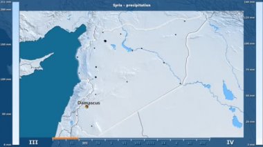 Animasyonlu efsanesi - İngilizce etiketleri ile Suriye alanında aylık Yağış: ülke ve sermaye adları, açıklama göster. Sterografik projeksiyon