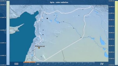 Aya göre güneş radyasyonu animasyonlu efsanesi - İngilizce etiketleri ile Suriye alanında: ülke ve sermaye adları, açıklama göster. Sterografik projeksiyon