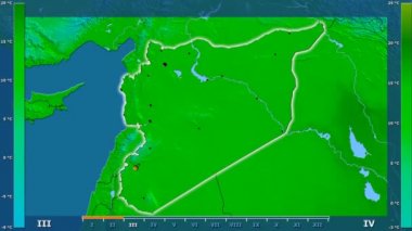 Animasyonlu efsanesi - parlayan şekli, idari sınırları, ana şehirler, sermaye ile Suriye alanında ortalama sıcaklık aya göre. Sterografik projeksiyon