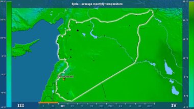 Ortalama sıcaklık ay tarafından animasyonlu efsanesi - İngilizce etiketleri ile Suriye alanında: ülke ve sermaye adları, açıklama göster. Sterografik projeksiyon