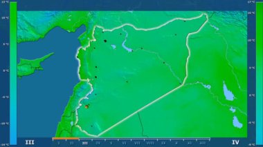 Animasyonlu efsanesi - parlayan şekli, idari sınırları, ana şehirler, sermaye ile Suriye alanında minimum sıcaklığı aya göre. Sterografik projeksiyon