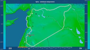 Animasyonlu efsanesi - İngilizce etiketleri ile Suriye alanında aya göre minimum sıcaklığı: ülke ve sermaye adları, açıklama göster. Sterografik projeksiyon