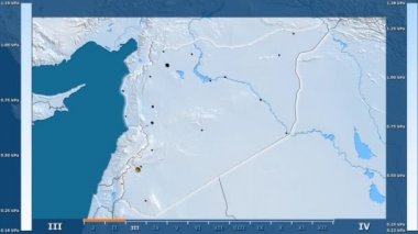 Animasyonlu gösterge - parlayan şekli, idari sınırları, ana şehirler, sermaye ile Suriye bölgede su buharı basıncı aya göre. Sterografik projeksiyon