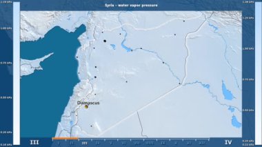 Animasyonlu efsanesi - İngilizce etiketleri ile Suriye alanında aya göre su buhar basıncı: ülke ve sermaye adları, açıklama göster. Sterografik projeksiyon