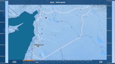 Rüzgar hızı aya göre animasyonlu efsanesi - İngilizce etiketleri ile Suriye alanında: ülke ve sermaye adları, açıklama göster. Sterografik projeksiyon