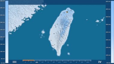 Animasyonlu gösterge - parlayan şekli, idari sınırları, ana şehirler, sermaye ile Tayvan bölgede yağış aya göre. Sterografik projeksiyon