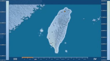 Animasyonlu efsanesi - parlayan şekli, idari sınırları, ana şehirler, sermaye ile Tayvan alanında güneş radyasyonu aya göre. Sterografik projeksiyon