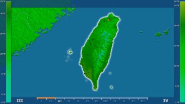Animasyonlu efsanesi - parlayan şekli, idari sınırları, ana şehirler, sermaye ile Tayvan alanında ortalama sıcaklık aya göre. Sterografik projeksiyon