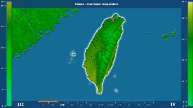 Aya göre maksimum sıcaklık animasyonlu gösterge - İngilizce etiketleri Tayvan bölge: ülke ve sermaye adları, açıklama göster. Sterografik projeksiyon