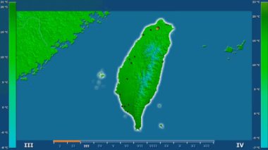 Animasyonlu efsanesi - parlayan şekli, idari sınırları, ana şehirler, sermaye ile Tayvan alanında minimum sıcaklığı aya göre. Sterografik projeksiyon